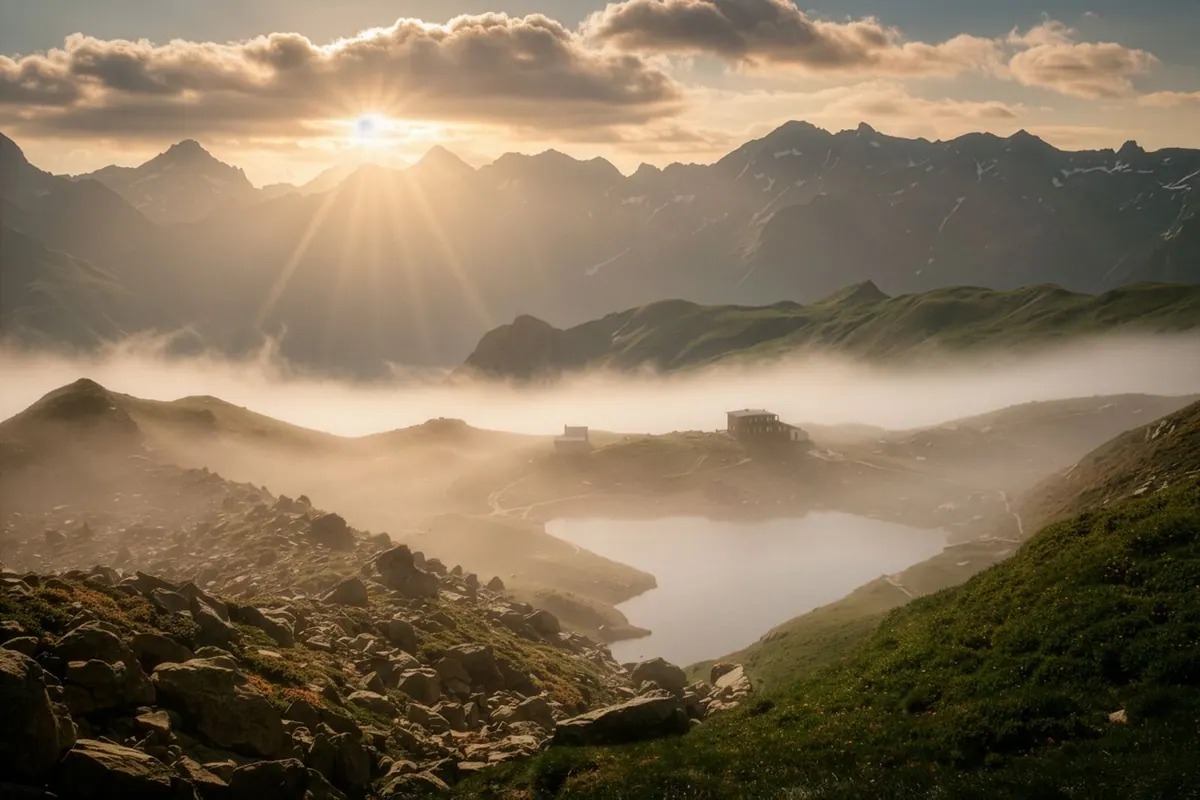 Sunlight breaking over an alpine valley